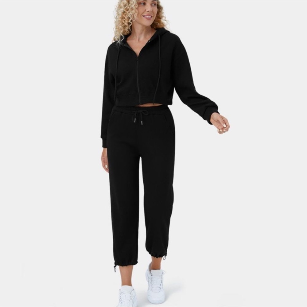 Halara Waffle Hooded Drawstring Zipper Cropped Casual Cotton Sports Sweatshirt,S